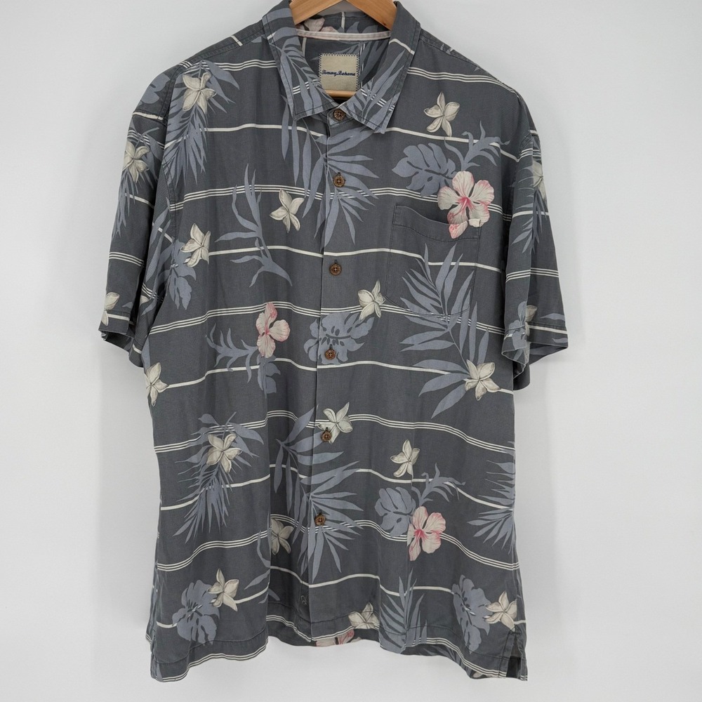 Tommy Bahama Mens Gray 100 % Silk Floral Short Sleeve Shirt 3XL - Picture 2 of 8
